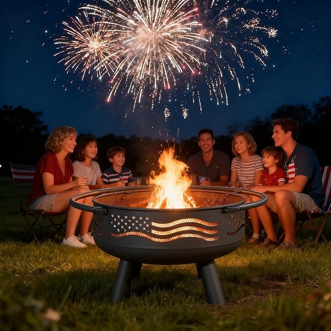Breezz 32 Inch American Flag Fire Pit with Mesh Cover &amp Poker Round Metal Wood Burning Outdoor Firepit for Patio Garden Backyard Bonfire Ideal for 4th of July Memorial Day Christmas
