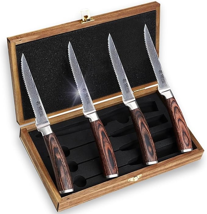 Wakoli EDIB 4-Piece Damascus Steak Knife Set – Professional Dining Kitchen Knives with VG10 Core Blades 67-Layer Damascus Steel &amp Ergonomic Pakkawood Handles – Premium Steak Cutlery in Gift Box