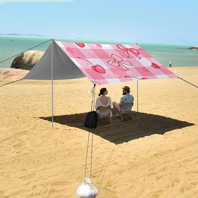 ALAZA Pink Checkered Background Cherry Bow Pattern Beach Tent Sun Shelter Portable Canopy Sunshade for Outdoor Camping Picnics Backyard Fun 10x9 ft