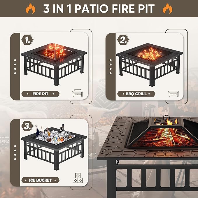 Greesum Multifunctional Patio Fire Pit Table 32in Square Metal BBQ Firepit Stove Backyard Garden Fireplace with Spark Screen Lid and Rain Cover for Camping Outdoor Heating Bonfire Dark Black