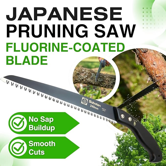 Saboten Japanese Pruning Saw 9.4 in (240mm) – Fluorine-Coated High-Carbon Steel Blade 7.5mm Tooth Pitch Smooth Pull Cuts Wooden Handle Wood Sheath Included Made in Japan