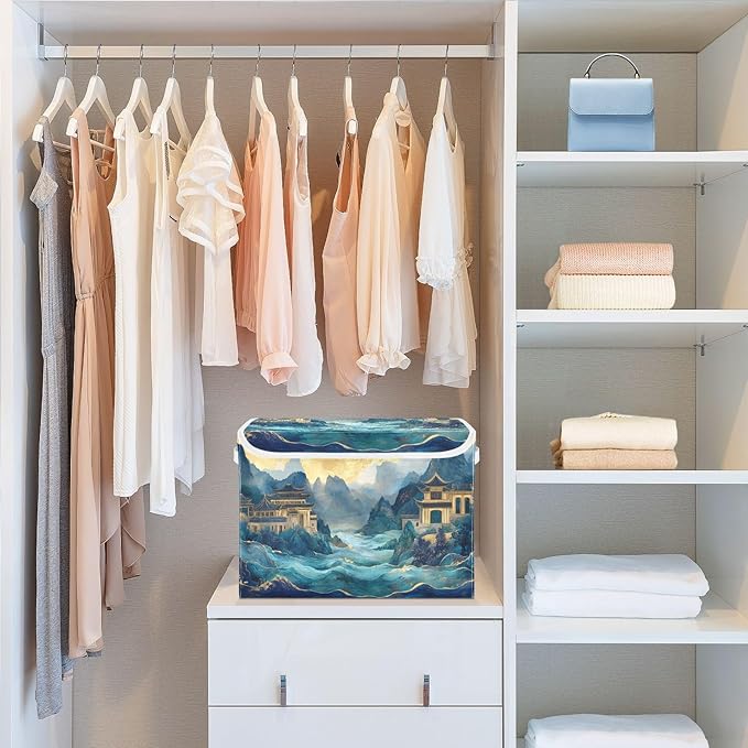 AIXIWAWA Lidded Storage Cube (Chinese Landscape) Fabric Foldable Closet Bins with Flip Lid and Handles Organizer Basket Container 16.5 x 12.6 x 11.8 IN