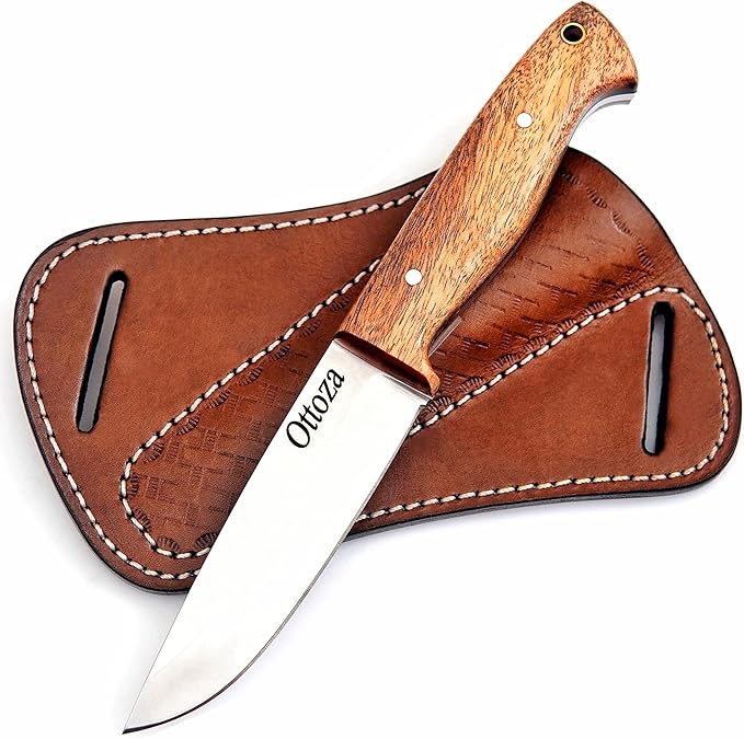 Ottoza Full Tang Bushcraft Knife with 1095 Carbon Steel Fixed Blade - Survival and Outdoor Camping Knife - Musket Wood Handle Brown Leather Sheath 402