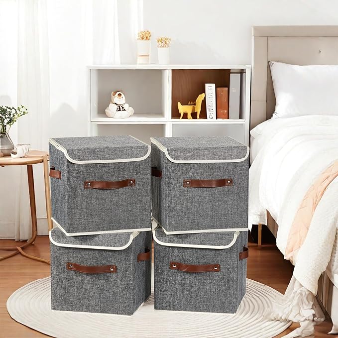 4PCS Storage Cubes with Lid Fabric Storage Bins Boxes PU Leather Handles Cotton Linen Closet Organizer Container Decorative Foldable Washable Shelf Cloth Basket (Flip-top Lid Gray 11in)