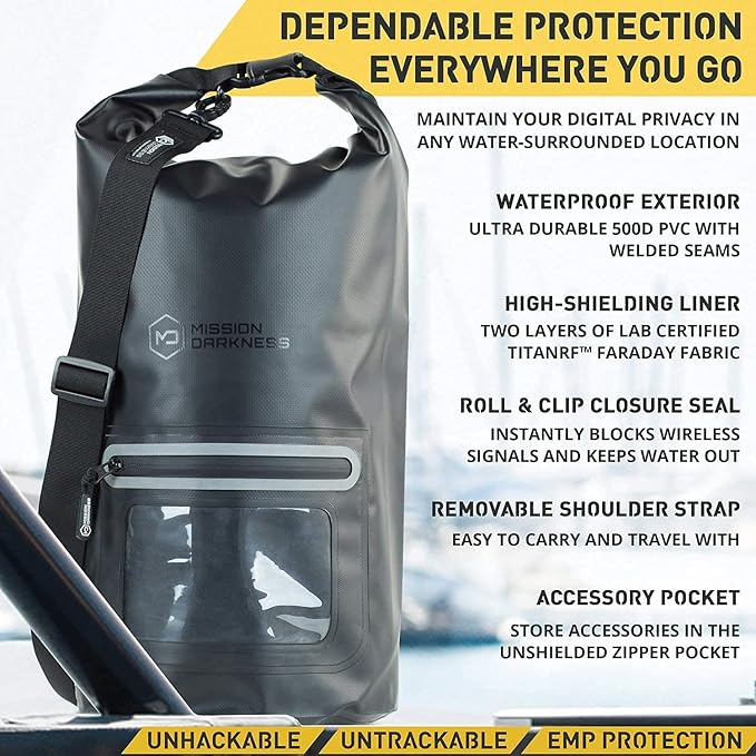 Mission Darkness Dry Shield Faraday Tote 15L // Waterproof Dry Bag for Electronic Device Security &amp Transport // Signal Blocking Anti-Tracking EMP &amp CME Shield Data Privacy for Mobile Devic