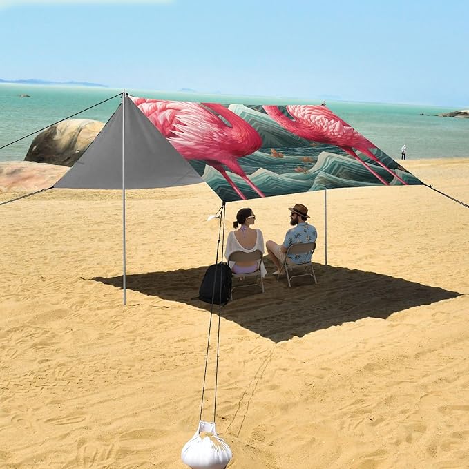 ALAZA Flamingos Pink Floral Wave Beach Tent Sun Shelter Portable Canopy Sunshade for Outdoor Camping Picnics Backyard Fun 10x9 ft