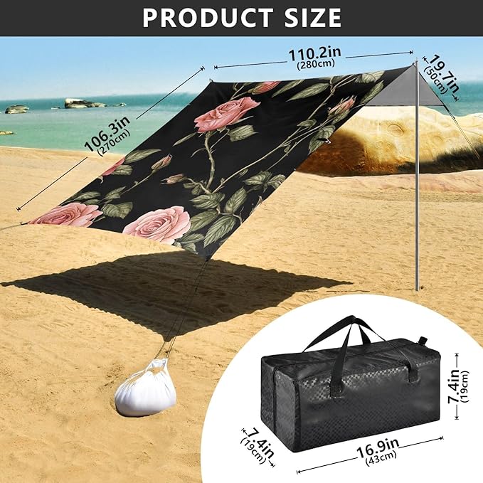 ALAZA Vintage Pink Rose on Black Beach Tent Sun Shelter Portable Canopy Sunshade for Outdoor Camping Picnics Backyard Fun 10x9 ft