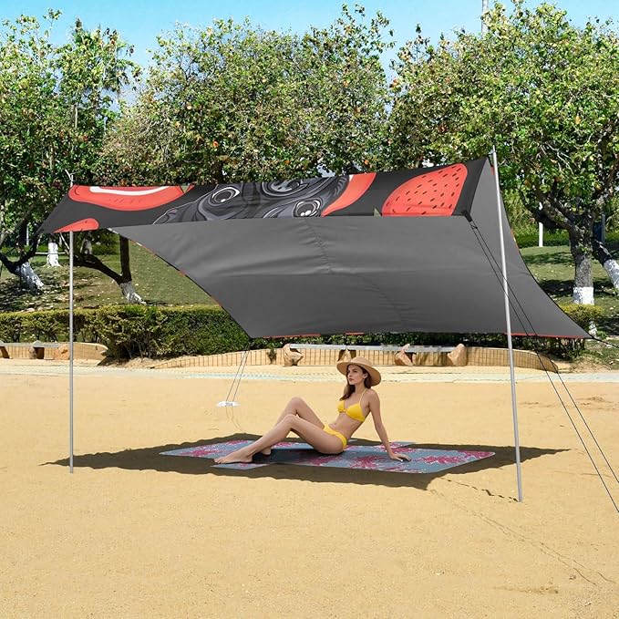 ALAZA Dog French Bulldog Puppy Strawberry Beach Tent Sun Shelter UPF50+ Protection Beach Shade Canopy w/ 4 Sandbags for Outdoor Camping Fishing Backyard Fun Picnic 10x9 ft