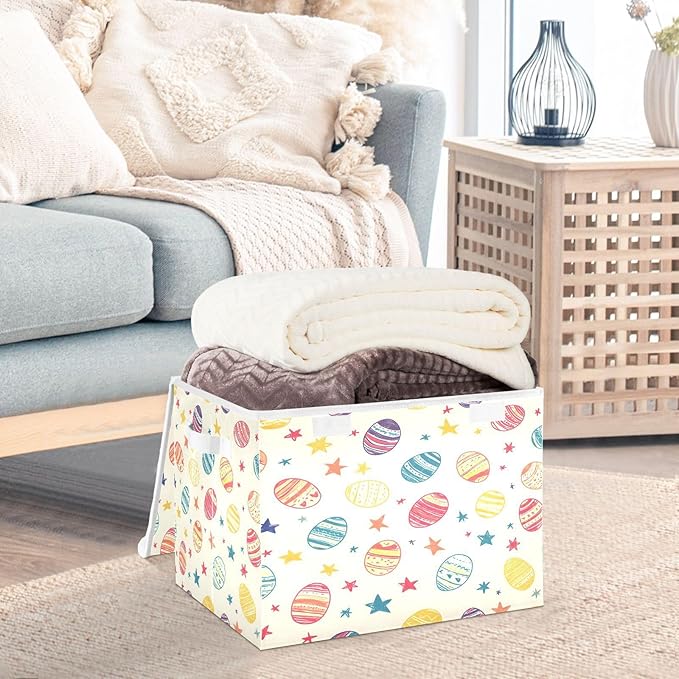 Doodle Easter Egg Pattern Foldable Storage Baskets Fabric Boxes with Handle Organizers with Flip-Top Lids Storage Bins for Home Bedroom Office
