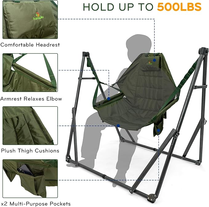 Tranquillo 2 in 1 Hammock and Swinging Chair with Collapsible Steel Stand &amp Carrying Case Portable &amp Adjustable 30s Set Up for Outdoor Indoor Porch Swing Patio Garden Camping Trip Gree