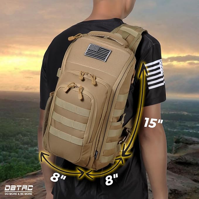 DBTAC Tactical Personal Defense EDC Bags &amp Packs | 10L Military Shoulder Backpack with Sling for Concealed Carry Range Travel Hiking Outdoor Sports (Brown)
