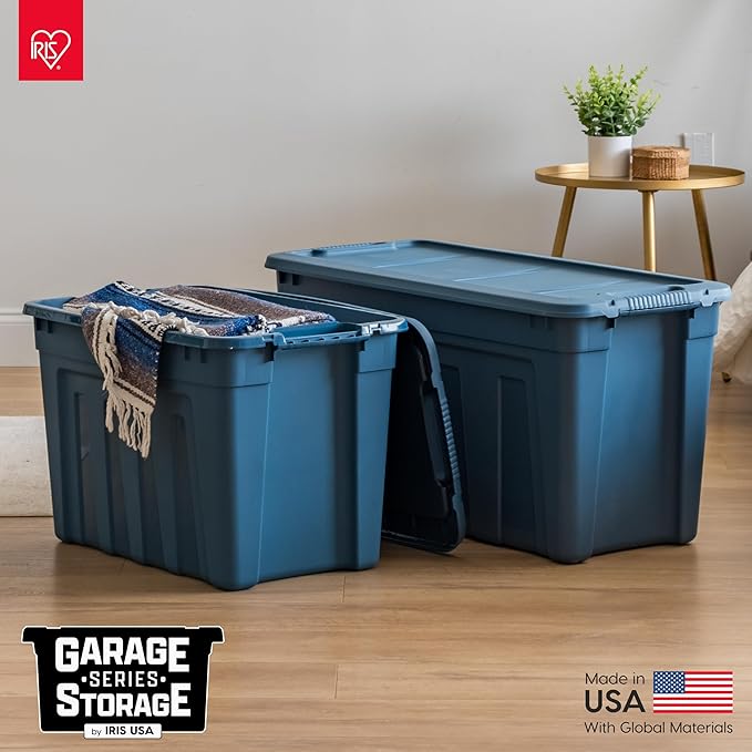 IRIS USA 31 Gallon Eco-Friendly Heavy Duty Storage Totes with Easy-Grip Handles 4 Pack - Large Bins with Lids Garage Organizing Tubs Durable Stackable Utility Containers Made in USA - Navy