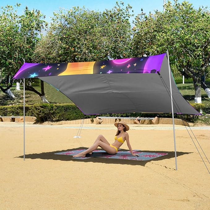 ALAZA Colorful Ghost Stars Pattern Beach Tent Sun Shelter UPF50+ Protection Beach Shade Canopy w/ 4 Sandbags for Outdoor Camping Fishing Backyard Fun Picnic 10x9 ft