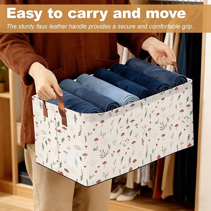 Storage Bin with Handles Little Mushroom Flower Collapsible Laundry Baskets for Books Laundry - Use in Nursery Closet Organizers and Storage Blanket Basket