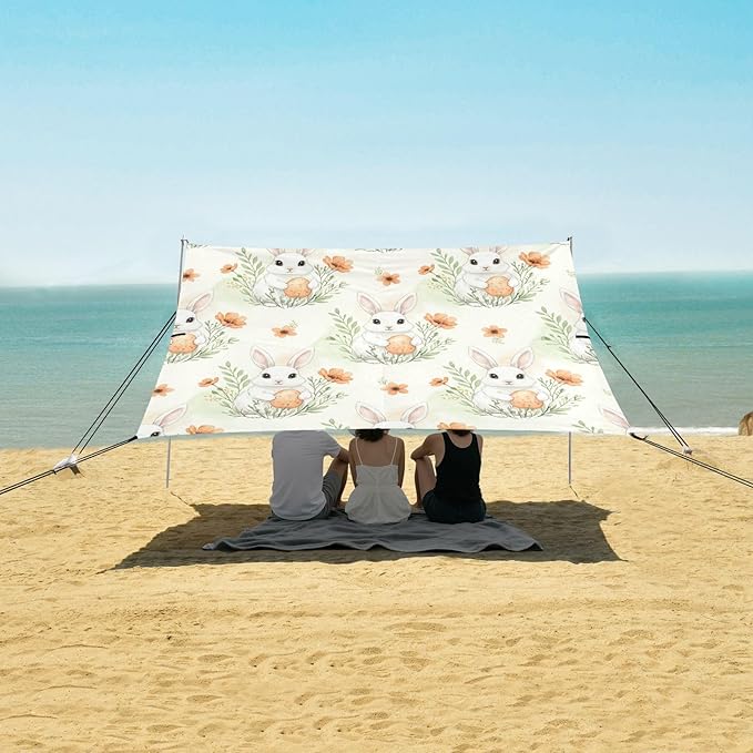 xigua Easter Bunny Beach Tent Sun Shelter with Carrying Bag - Silver Coated Oxford Fabric Beach Canopy for Beach Camping Fishing - Includes Windproof Ropes Sandbags &amp Stakes