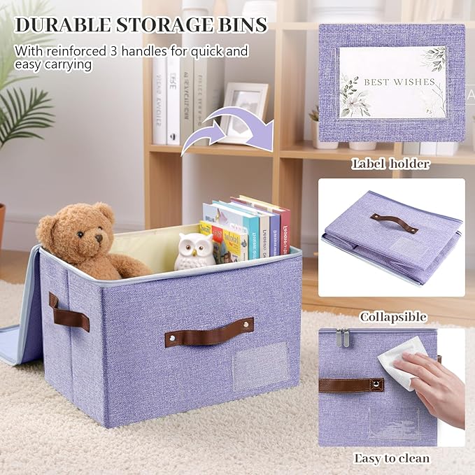 Lucky Monet 3PCS Storage Bins with Zipper Lids 10x8x7 Foldable Lidded Fabric Storage Boxes Baskets Cotton Linen Closet Shelf Clothes Organizer Container with Handles &amp Label Pocket (Purple Sma