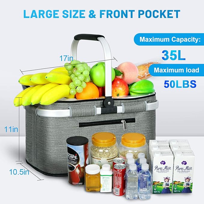 LIQING 35L Large Picnic Basket 2 Layers of Internal Pockets Leak-Proof and Insulated Folding with Internal Support for enhansed Stability Wedding Gifts for Couple(Grey)