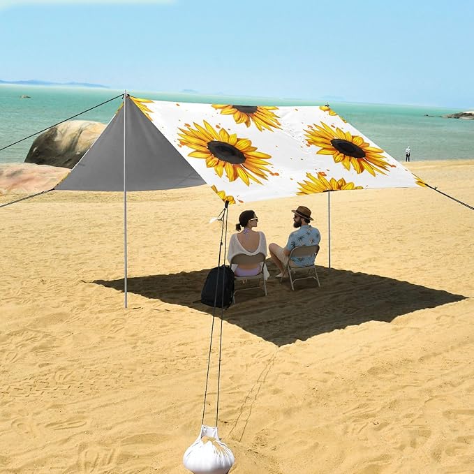 Beach Canopy with Windproof Ropes &amp Sandbags Beach Tent Sun Shade Sun Shelter for Camping Trips Fishing Backyard Fun or Picnics Sunflower