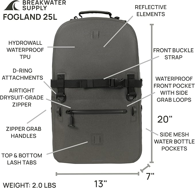 Breakwater Supply™ Fogland Waterproof IP68 Submersible Backpack | Laptop Sleeve &amp Airtight Zippers for Work Travel Outdoors Boating Hiking Floating Dry Bag Unisex TPU (Charcoal 25L)