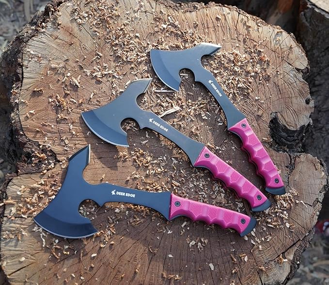 11.5 Throwing Axe Set – Professional Throwing Axe Pack of 6 - Chopping Hatchet with Pink Rubber Handle &amp Nylon Sheath – Small Outdoor Camp Hatchet for Axe Throwing Game