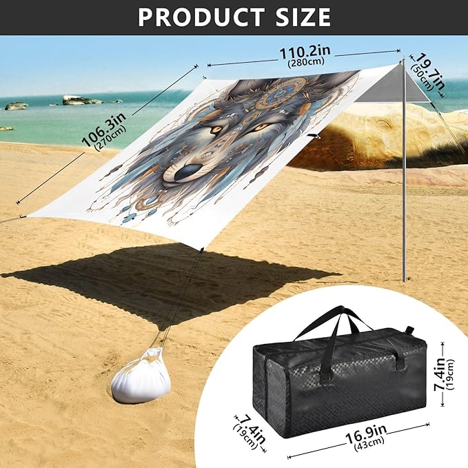 ALAZA Wolf Boho Dreamcatcher Beach Tent Sun Shelter UPF50+ Protection Beach Shade Canopy w/ 4 Sandbags for Outdoor Camping Fishing Backyard Fun Picnic 10x9 ft