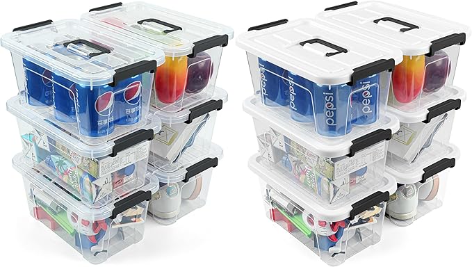 NUMIFUN 12 Pack Clear Plastic Storage Bins with Buckle Handle Lids 6 Clear and 6 White Lids 7 Quart for Home Office Pantry Organization.