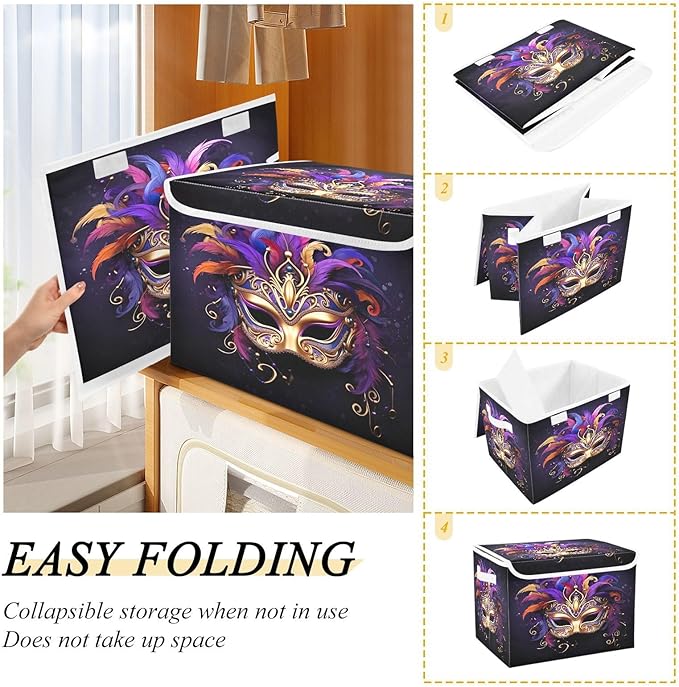 Christmas Storage Baskets with Lids Carnival Masquerade Mask Collapsible Bins Stackable Fabric Linen Baskets Closet Organizer Container 16.5x12.6x11.8