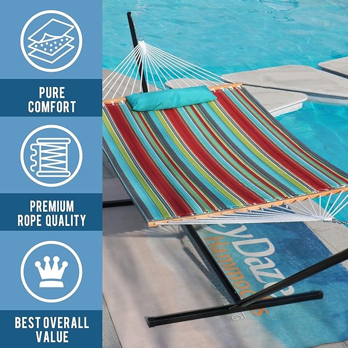 Lazy Daze Hammocks 12 FT Quilted Fabric Double Hammock with Spreader Bars and Detachable Pillow 450lbs Weight Capacity