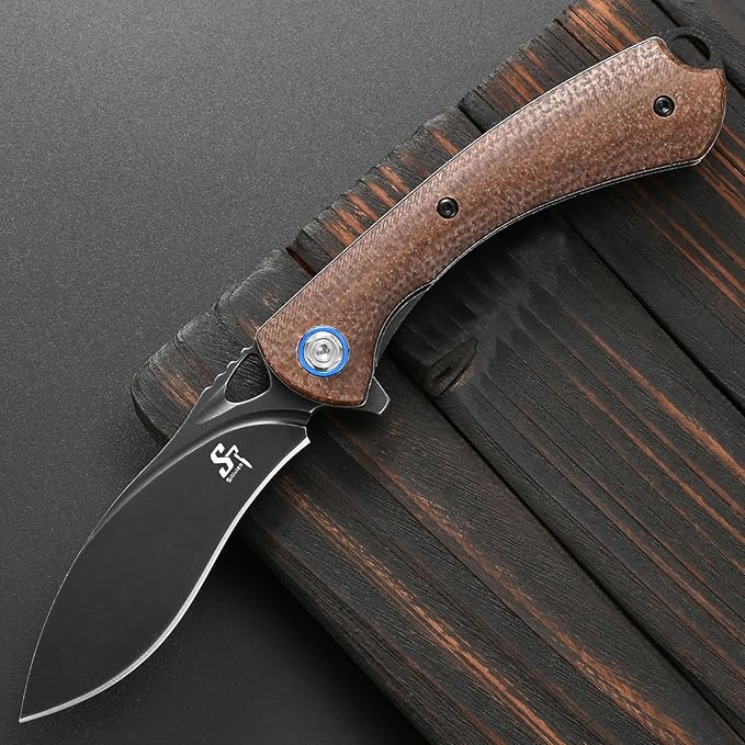 Sitivien ST147 Folding Pocket KnifeBlack Stonewashed 14C28N Steel Blade with Micarta Handle Utility Knife EDC Tool Knife for Outdoor CampingHikingHunting(Brown)