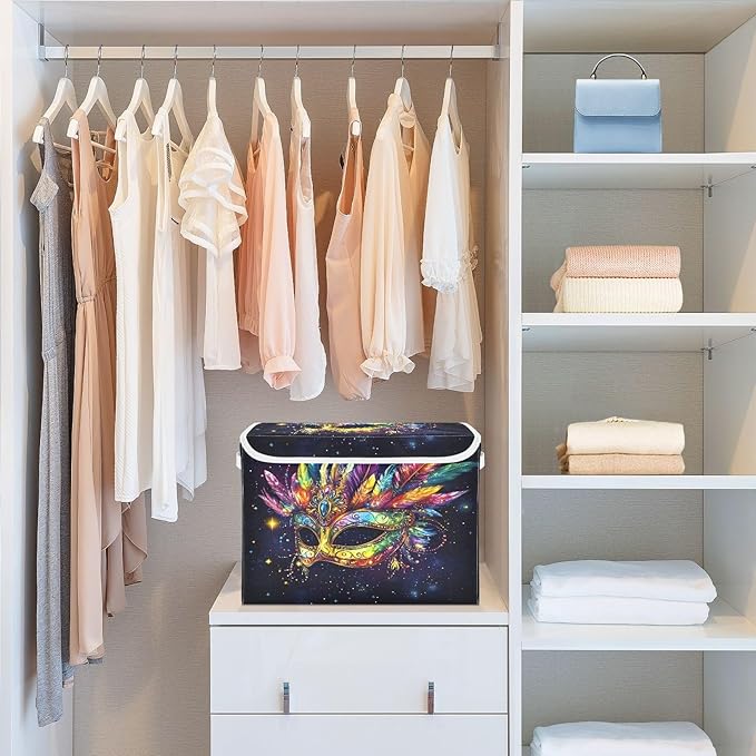 Doodle Mardi Gras Mask Pattern Foldable Storage Baskets Fabric Boxes with Handle Organizers with Flip-Top Lids Storage Bins for Home Bedroom Office