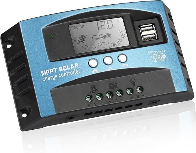 60A MPPT Solar Panel Battery Controller with LCD Display 12V/24V Auto Parameter Intelligent Charger Regulator Fit for Lead-Acid/Lithium-Ion/Lithium Iron Phosphate Battery Timer Setting Blue