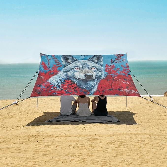 ALAZA Wolf Flower Red Leaf Beach Tent Sun Shelter UPF50+ Protection Beach Shade Canopy w/ 4 Sandbags for Outdoor Camping Fishing Backyard Fun Picnic 10x9 ft