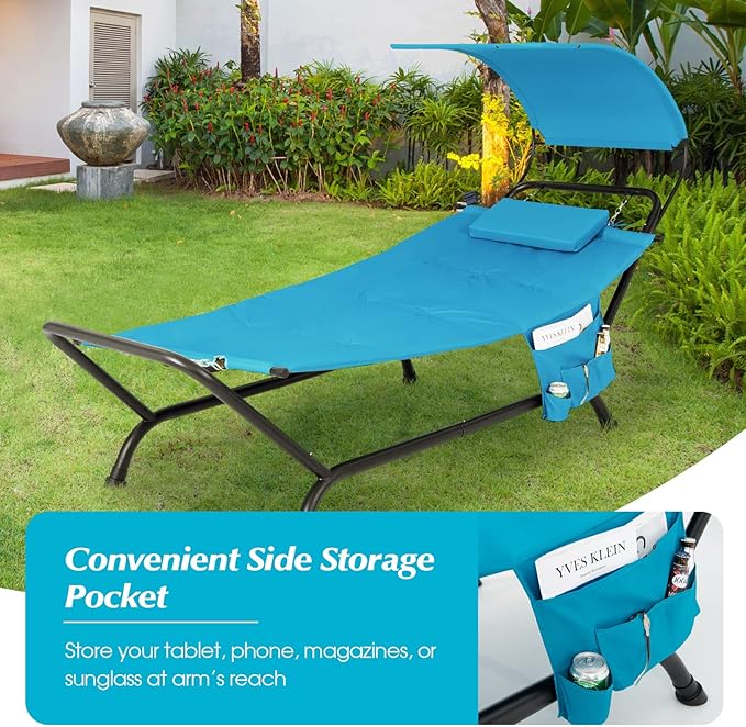 Giantex Hanging Hammock with Stand Patio Hanging Chaise Lounge Chair w/Canopy Cushion Pillow &amp Storage Bag Heavy Duty Swing Hammock Bed for Garden Lawn Backyard Patio Poolside Porch (Blue)