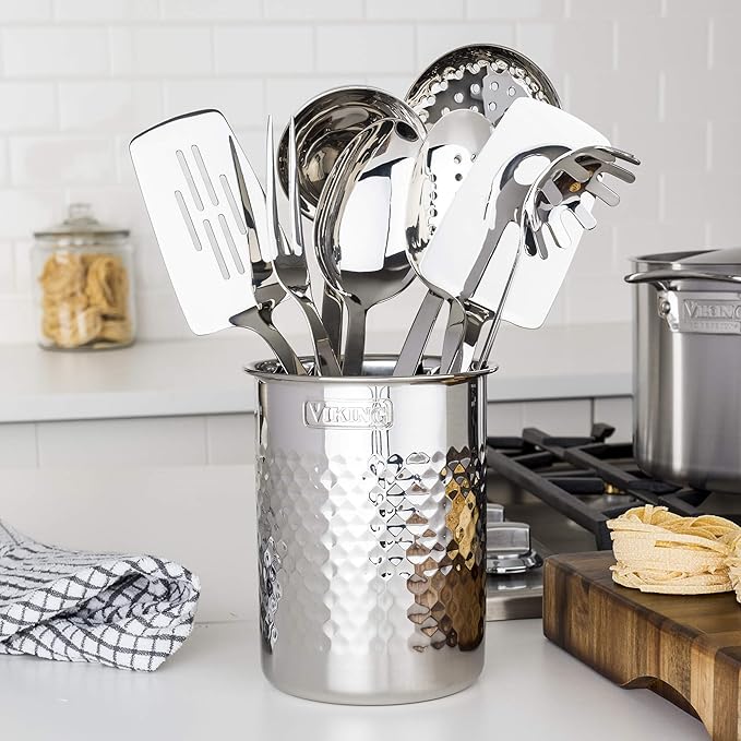 Viking Kitchen Utensil Holder Hammered Stainless Steel Kitchen Utensils Organizer Crock Counter Top Storage Cooking Accessories Silver