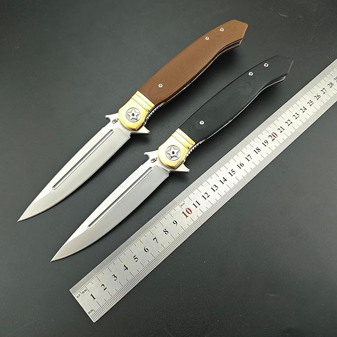 10 Large Finka-NKVD Flipper Opening Pocket KnifeFolding Knives with Clip and Liner Lock440C Blade and Brown G10 HandleEDC Tool for CampingHikingFishing (Brown)