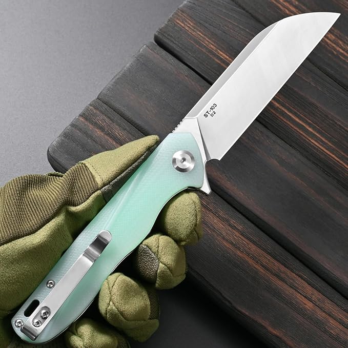Sitivien ST103 Folding Knife D2 Steel Blade+G10 Handle Pocket Knife EDC Tool Knife for Outdoor Camping Hunting Survival (Jade)