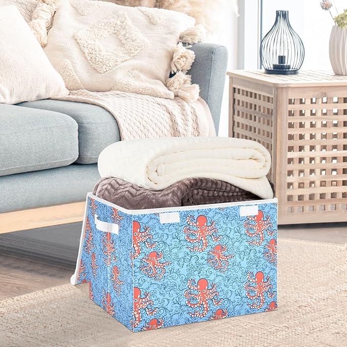 Storage Cube with Lid Octopus Red Print 16.5×12.6×11.8 IN 1 Pack Collapsible Large Capacity Foldable Storage Basket Bin Organizer