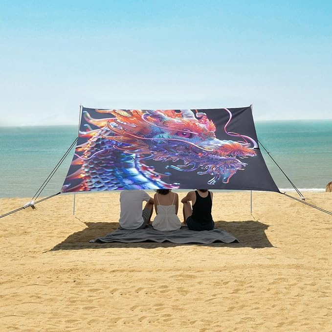 ALAZA Rainbow Chinese Dragon Beach Tent Sun Shelter UPF50+ Protection Beach Shade Canopy w/ 4 Sandbags for Outdoor Camping Fishing Backyard Fun Picnic 10x9 ft