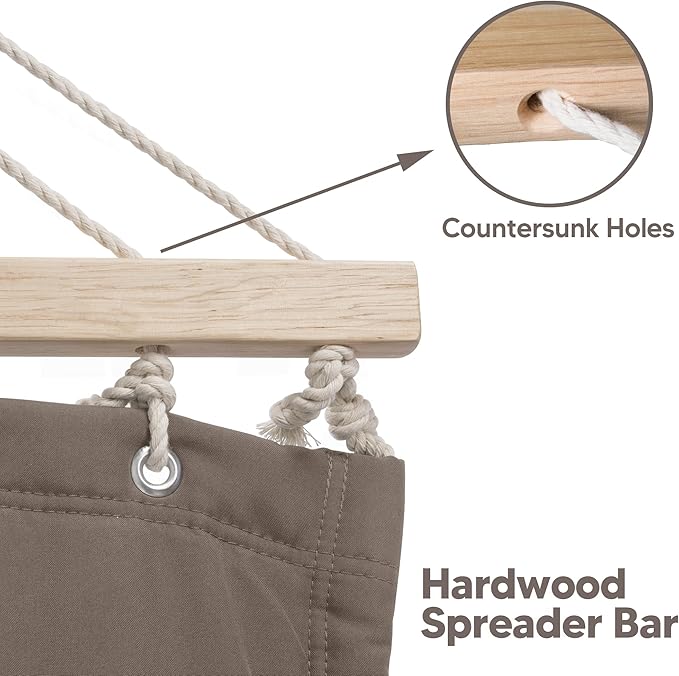 SUNCREAT Double Quilted Hammock with Hardwood Spreader Bar Extra Large Soft Pillow Heavy Duty 2 Person Hammock for Indoor Outdoor Brown