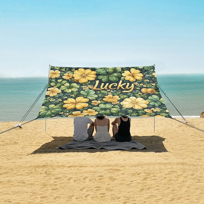 St Patrick's Day Lucky Clovers Beach Tent Sun Shelter Set UPF50+ UV Protection 10.5 x 9.19 FT Camping Shade Canopy with Sandbags Sand Anchors Carrying Bag and Others