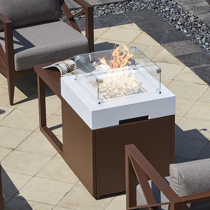 22 Aluminum Propane Fire Pit Table 37000 BTU Outdoor Gas Firepit with Lid Glass Wind Guard Waterproof Cover &amp Glass Stones for Patio Deck Garden 3-in-1 Tabletop Design Brown