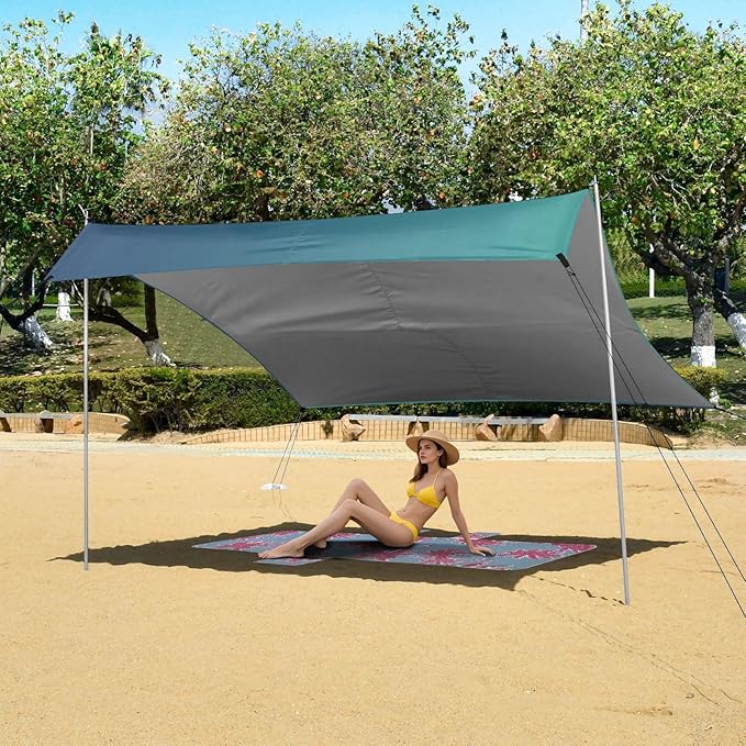 Blue Gradient Beach Cabana UPF50+ Protection Easy Setup Large Portable Sun Shelter Includes Sand Shovel Sandbags Stability Poles for Camping Picnics Backyard &amp Fishing