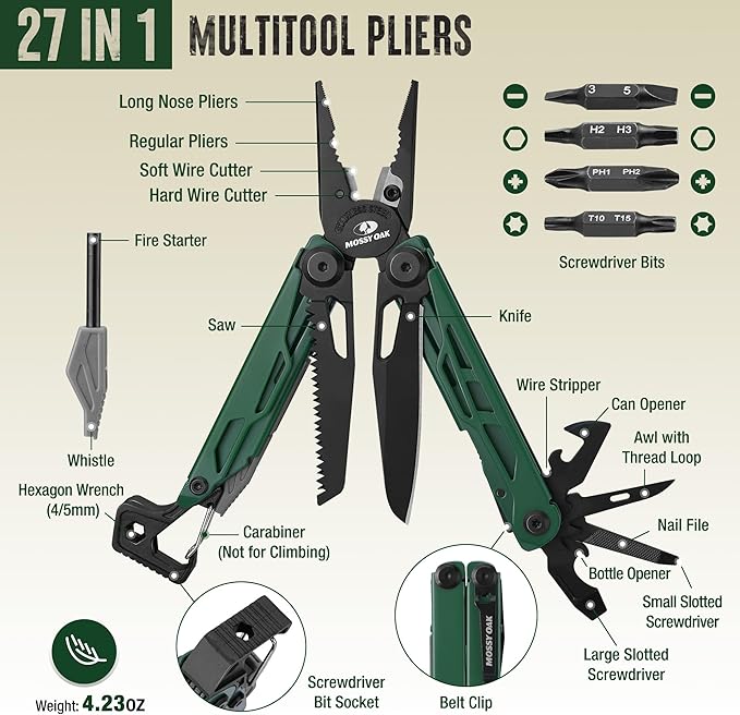 MOSSY OAK CNC-Machined Multitool Pliers 27-in-1 Multi Tool with Pocket Knife Fire Starter &amp Whistle Bottle Opener Screwdriver – Self-Locking Survival Tool for Camping &amp Hiking