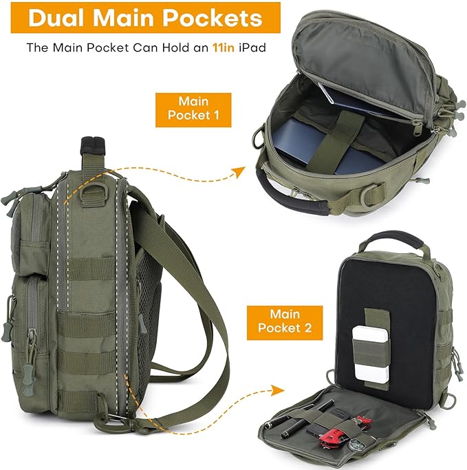 HUNTVP Sling Bag for Men Concealed Carry Bag Tactical Sling Bag Crossbody Molle CCW Chest Pack Backpack EDC Military Shoulder Bag with Holster &amp Accessory Slots Army Green