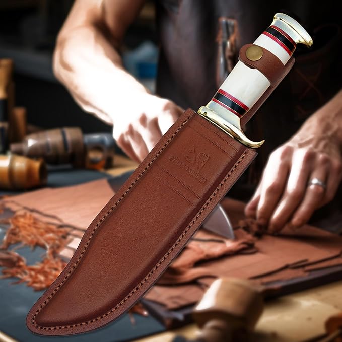 14 Crocodile Dundee Bowie Knife – Mirror Polished Hunting &amp Survival Knife with Bone Handle and Leather Sheath – Tactical Knife for Camping Outdoor Bushcraft Gift for Men