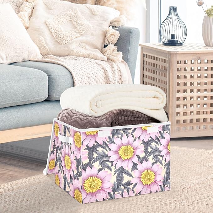 Storage Cube with Lid Aesthetic Floral Print 16.5×12.6×11.8 IN Collapsible Large Capacity Foldable Storage Basket Bin Organizer