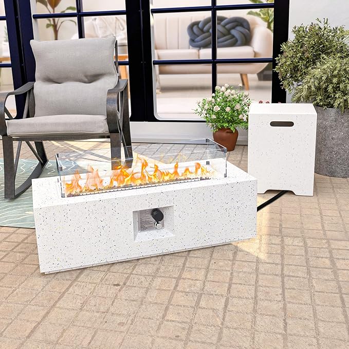HOMPUS Outdoor Propane Fire Pit 50000 BTU 42-inch x 17-inch Rectangle Concrete Gas Fire Table Outside Smokeless Firepit with Tank CoverWind GuradLava Rocks and Rain Cover for GardenDeckBackyard