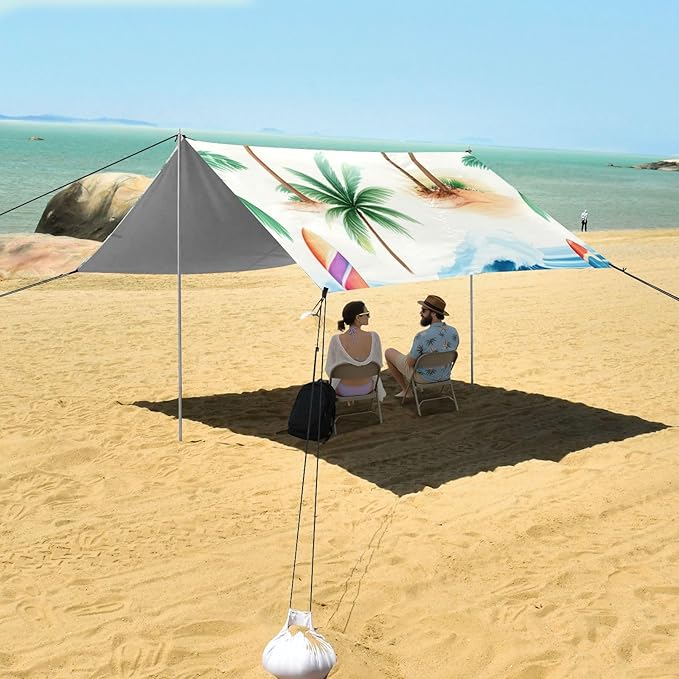 Beach Canopy with Windproof Ropes &amp Sandbags Beach Tent Sun Shade Sun Shelter for Camping Trips Fishing Backyard Fun or Picnics Beach