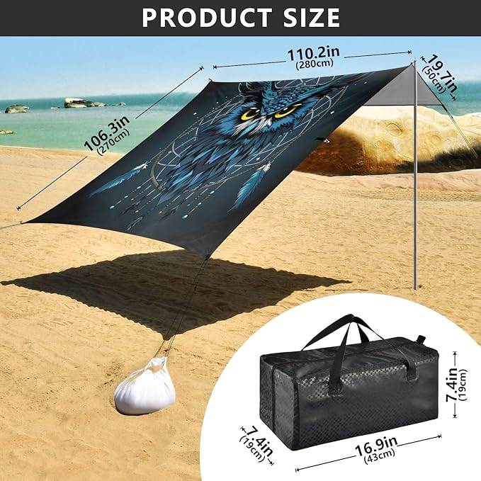 ALAZA Blue Owl Dreamcatcher Beach Tent Sun Shelter UPF50+ Protection Beach Shade Canopy w/ 4 Sandbags for Outdoor Camping Fishing Backyard Fun Picnic 10x9 ft