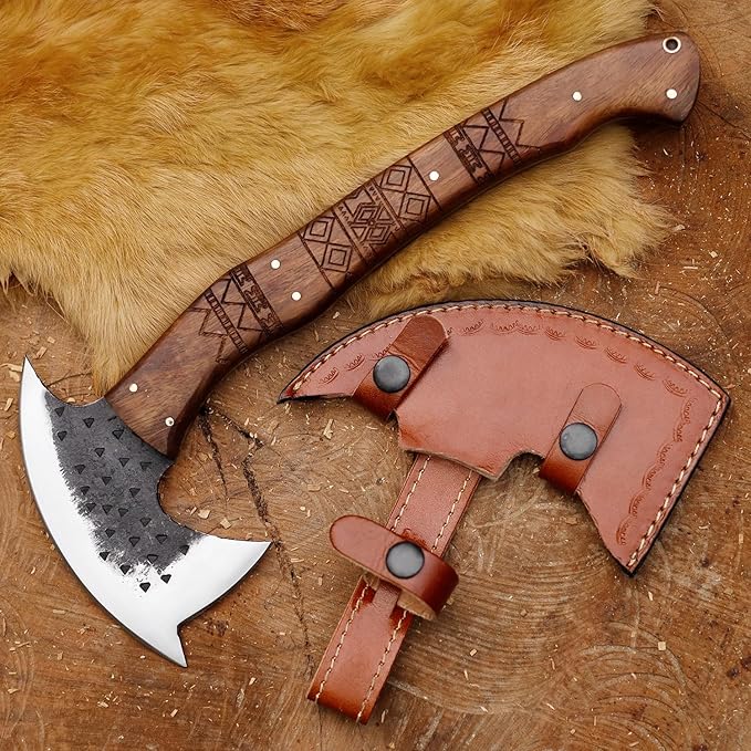 EdgeLandKnives® Hand Forged Tomahawk Throwing Axe and Bushcraft Knife Set Heavy Duty D2 Steel Tomahawk Throwing Axe and Bushcraft Knife Set with Leather Sheath Perfect Combo for Outdoorsmen (EL34)